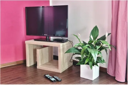 Televize a pracovní kout v apartmánu